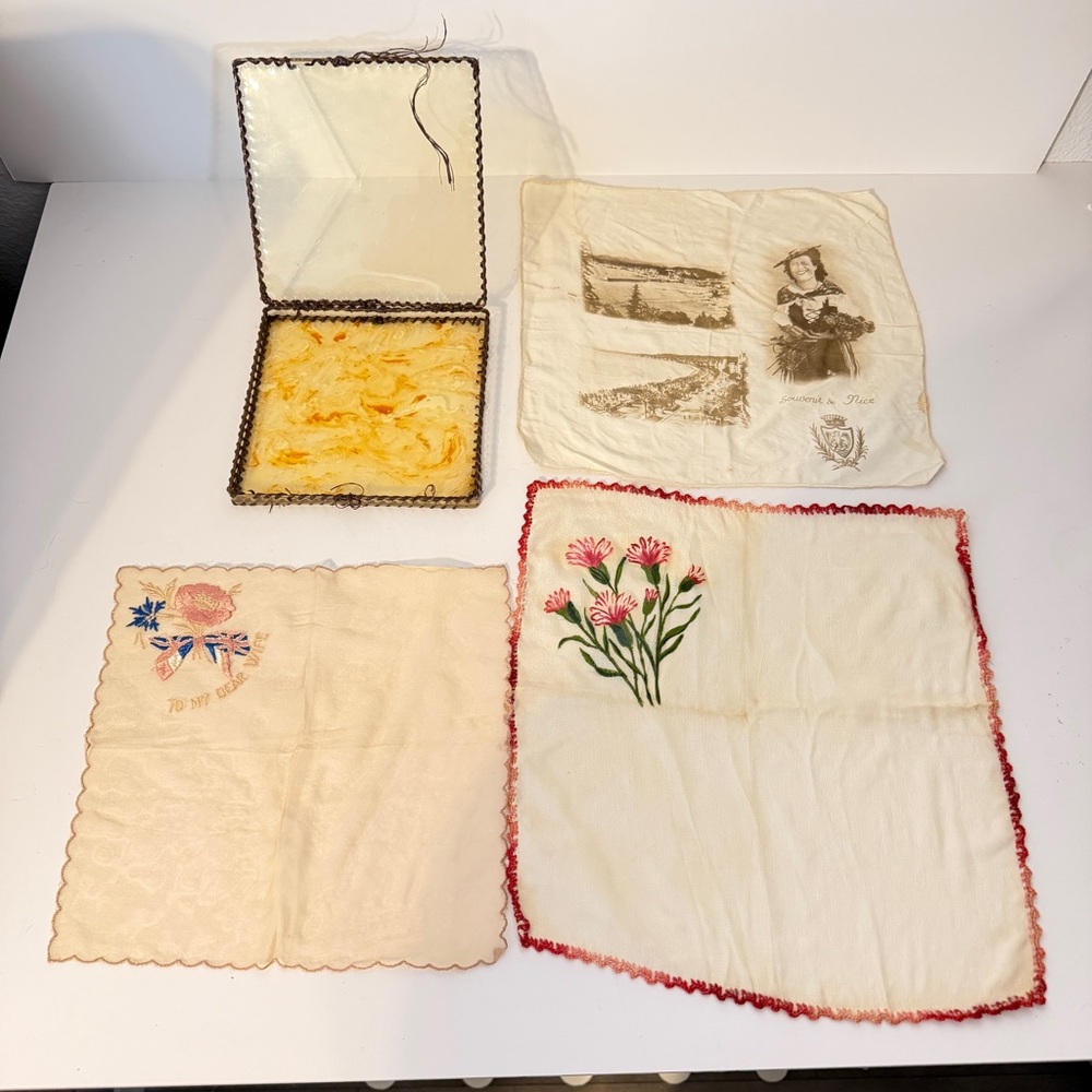 VTG Handkerchief Pictorial Souvenir De Nice My Dear Wife & Floral Hankie in Case